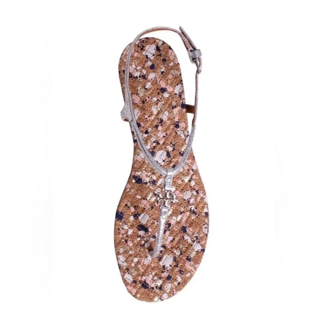 Tory Burch Marion Silver Metallic T-Strap Cork Logo Sandals Shoes‎ Womens 10M